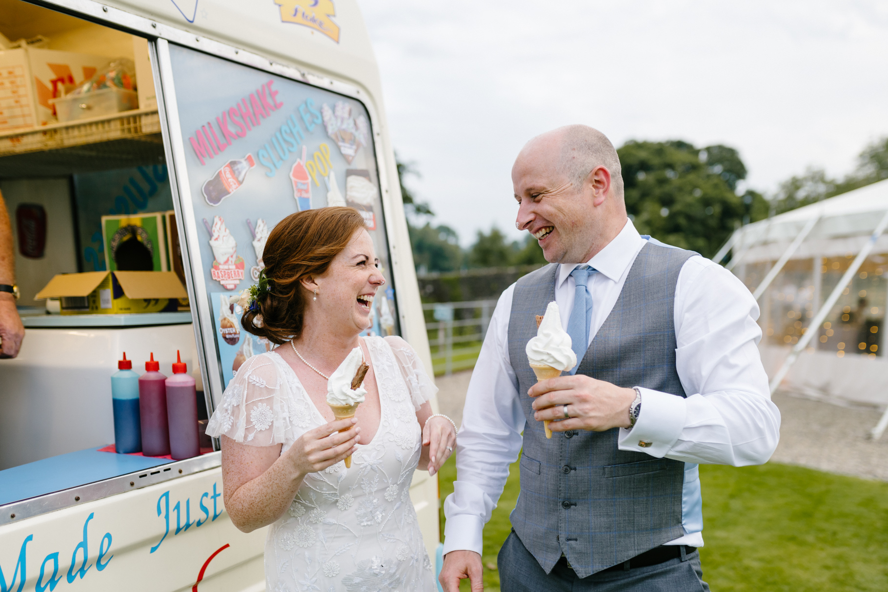 bride and groom with ice cream